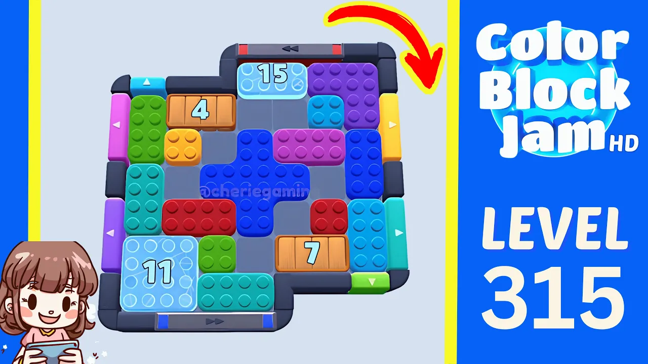Color Block Jam Level 315 1:45 cross board with 15-11-7-4 countdowns opening frame