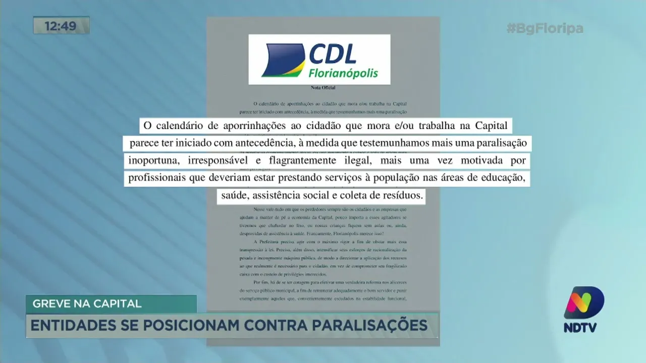 Greve em Florianópolis: entidades se posicionam contra paralisações