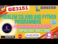 GE3151 PROBLEM SOLVING AND PYTHON PROGRAMMING Important Questions Last Min Revision R-2021 Sem 1