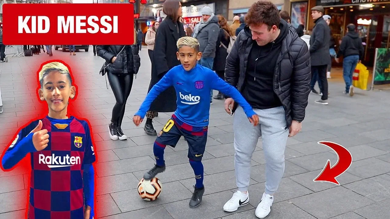 9 year old KID MESSI playing FOOTBALL in LONDON !? (PUBLIC NUTMEGS CHALLENGE)