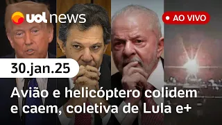 Avião e helicóptero caem nos EUA, Kassab critica Lula e Haddad; crise no IBGE e+ | UOL News ao vivo