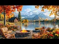 Cozy Autumn Sunny Day Ambience. Relax Crackling Fire Pit with Nature Sounds. Calm Water \u0026 Birdsong