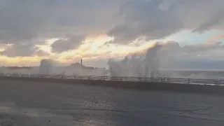 Waves Overtake Lake Erie Breakwall In Dunkirk Amid Wind Storm