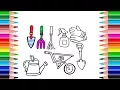 Garden Tools Coloring Pages How to Draw Gardening Tools Collection Draw and learn colors for kids