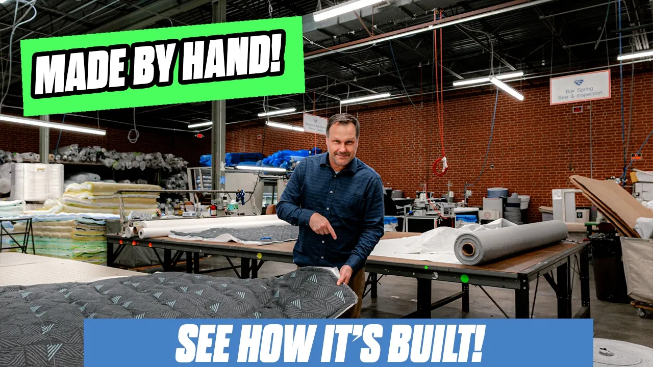 John and David Grove walk through the MattressGrove factory in Greensboro, North Carolina, showing how the Simply Luxe Artisan mattress is handcrafted department by department, from the quilting room to foam encasement, hand tufting, border assembly, and final inspection.
