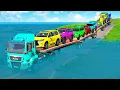 Download Lagu Triple Flatbed Trailer McQueen Transportation with Truck - Speedbumps vs Cars vs Train - BeamNG #11