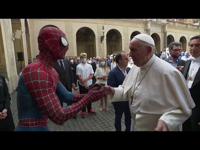 Pope Francis meets Spider-Man, receives his own superhero mask