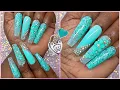 Long Coffin Aqua Blue Valentines Day Nail Art Design Tutorial 3D Flowers Glitter Press On Nails