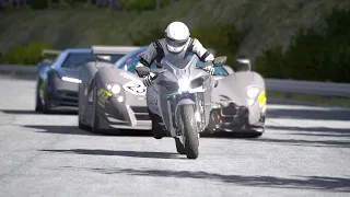 Kawasaki Ninja H2 vs Ferrari P4/5 Competizione, Bugatti Centodieci, Monstar Batmobile at Old SPA