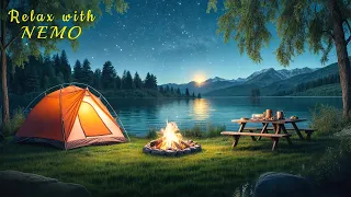 Tent Camping by the Lake at Night Ambience ⛺ | Soothing Campfire and Nature Sounds for Sleep & Relax