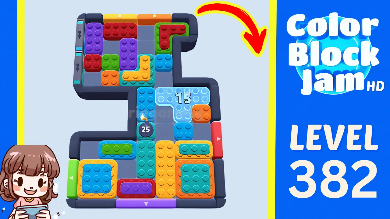 Color Block Jam Level 382 2:50 S-shaped board with central 25 and right-side 15 target counter opening frame