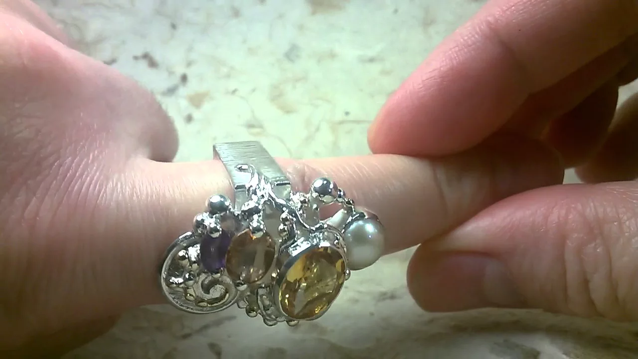 Gregory Pyra Piro unik handgjorda fyrkantig ring 4291, silver och 18 karats guld med citrin, turmali