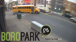 NYC Sanitation truck passes school bus with flashing red lights on 18 Ave