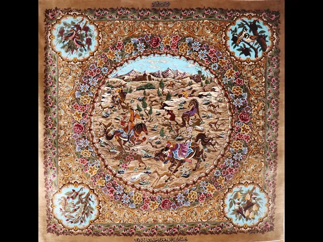 Sadeghzadeh Workshop Hunting Design (Horseback and Wilderness) Rare Square 102×105cm (ID8032)