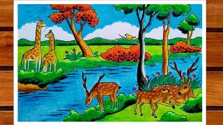Forest Scenery Drawing Step By Step Wildlife Drawing Easy Forest Scenery Drawing With Animals