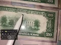 1934 A 1934 D 20 dollar bills compared sized and the backside wide and center White House redesign