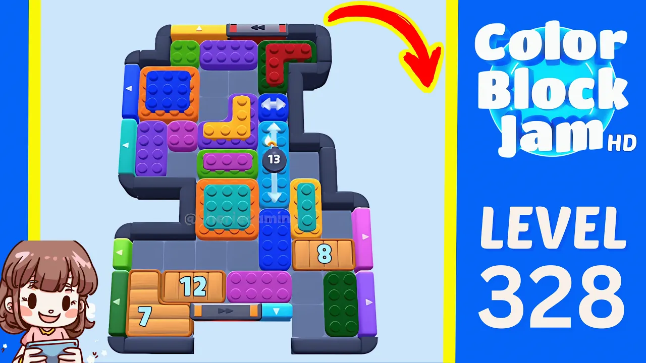 Color Block Jam Level 328 1:50 irregular board with 13-12-8-7 countdowns opening frame