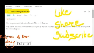 1572 Matrix Diagonal Sum Problem of the day LeetCode Problem of the Day Easy Solution