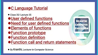 user defined function elements of function function prototype definition function call return stmt
