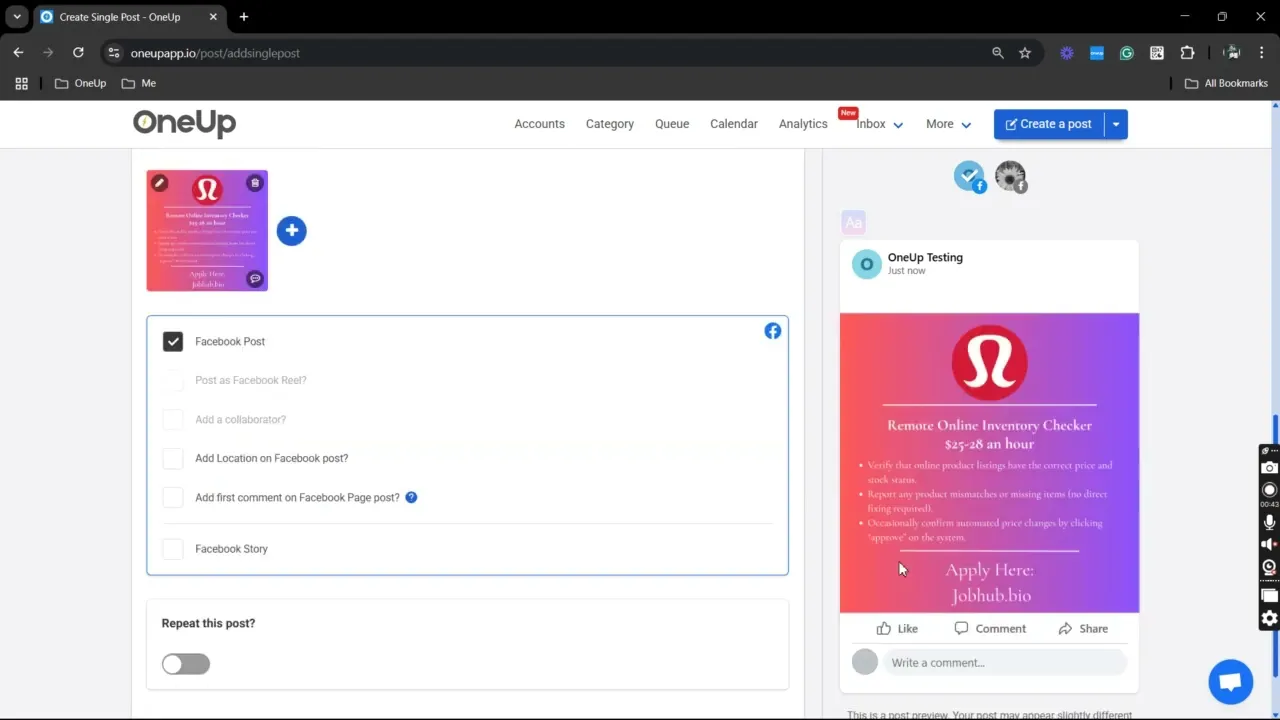 Schedule Facebook posts with OneUp