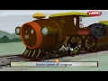 Mickey on the railway picking up stones. Down came the train and broke Mickey's bones