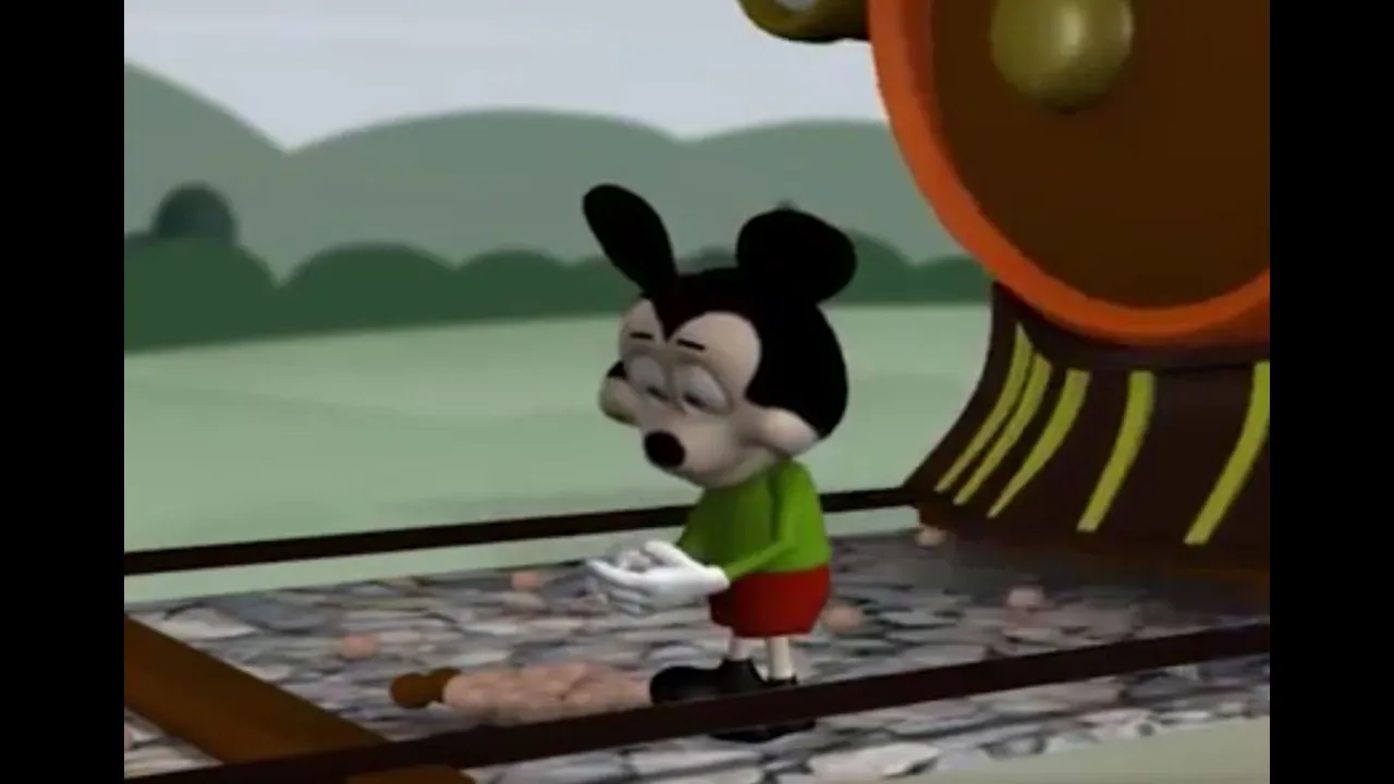 Mickey on the railway picking up stones. Down came the train and broke Mickey's bones Mickey on the railway picking up stones. Down came the train and broke Mickey's bones