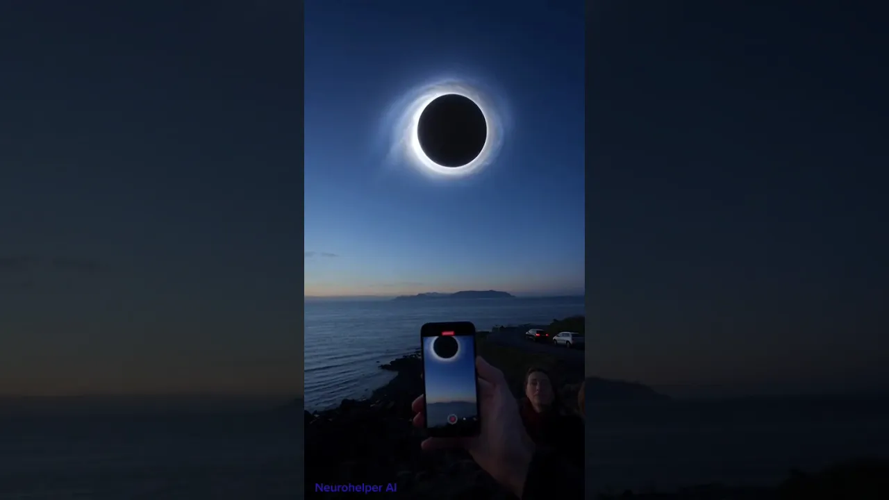 Phone-first scene of people watching a solar eclipse by the coast