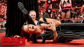 ronda rousey locks stephanie mcmahon in an armbar during title presentation raw aug 20 2018