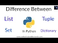Difference between list tuple set and dictionary in python