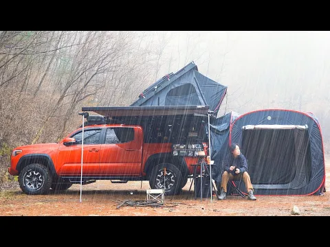 Download MP3 🌧️ Rain forest, Solo camping like rest 🤔 Dock the pop-up tent to the rear of the pickup truck?