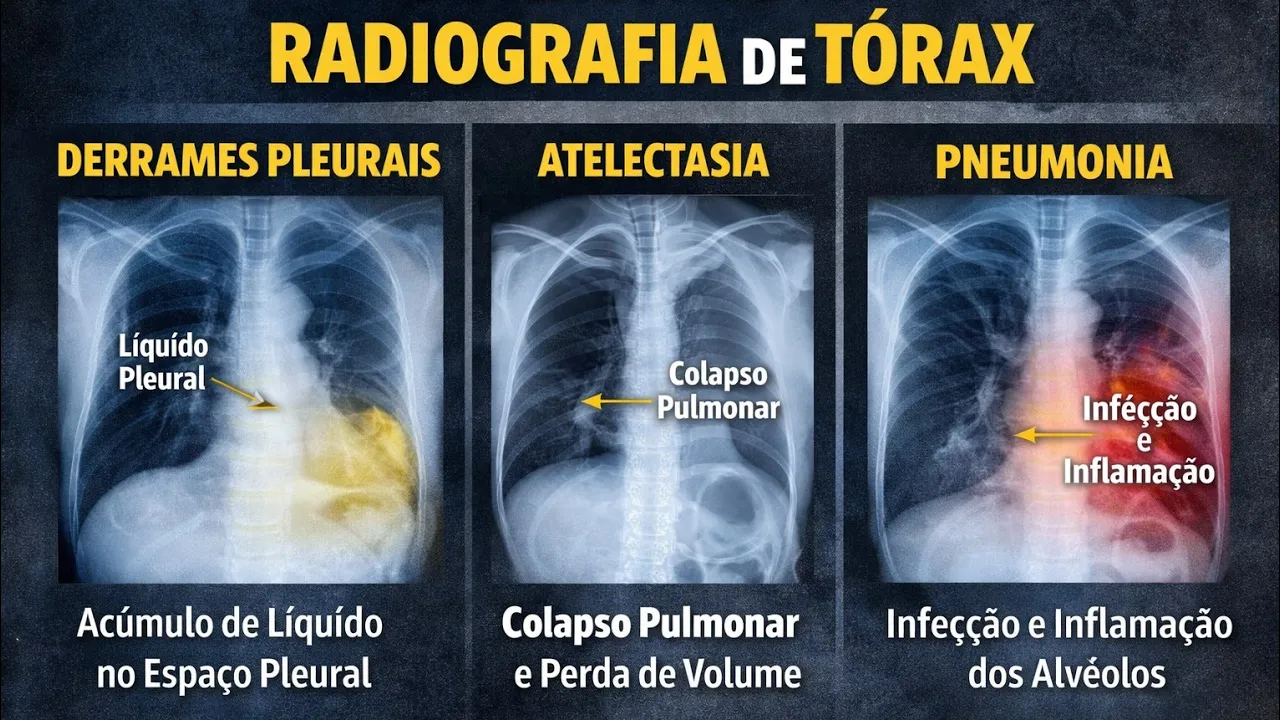 ENTENDA NA RADIOGRAFIA A DIFERENÇA ENTRE DERRAME PLEURAL, ATELECTASIA E PNEUMONIA.