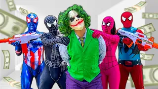 team spider man vs bad guy team rescue pink from joker nerf war movie by follow me