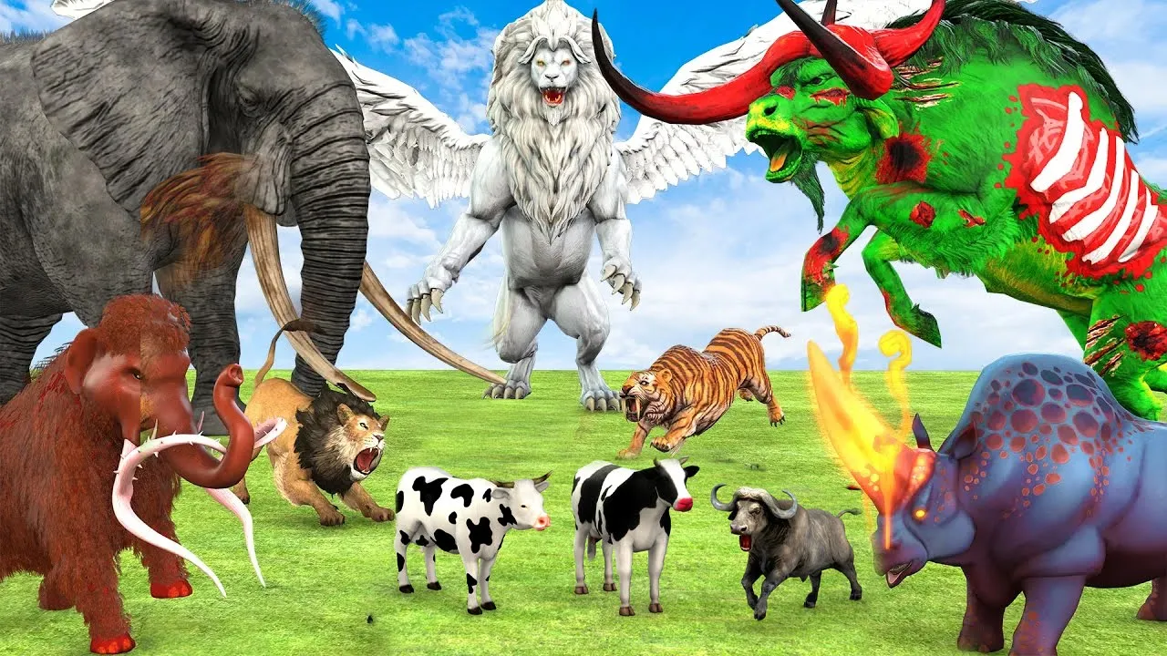 Outline Video 10 Mammoth Elephant Zombie Cow vs 5 Giant Zombie Lion Tiger Bull Fight Buffalo Cow Baby Save Mammoth