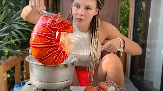 giant LOBSTER and CRAB in the hands of cutie chef Cooking in village ASMR