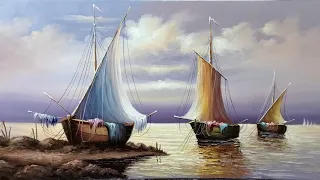 رسم مراكب بالالوان الزيتيه خطوه بخطوه Drawing Boats In Oil Colors Step By Step 