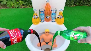 Experiment !! Stretch Armstrong VS Cola, Monster, Fanta, Sprite, Pepsi and Mentos in Toilet