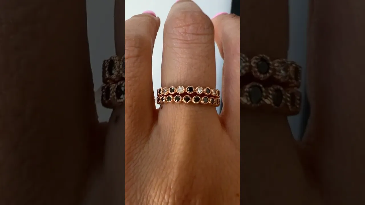 14K Gold Alternate Black Diamond & Diamond Bezel Stacking Ring