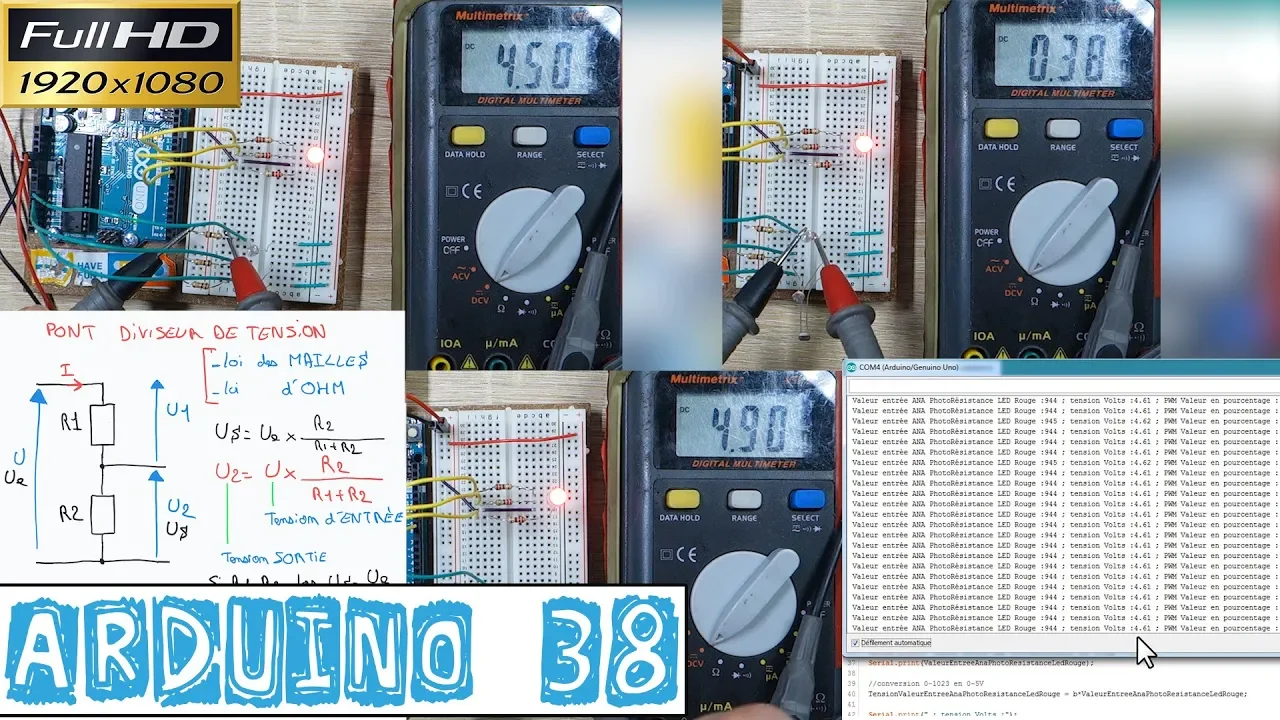 Arduino38-PONT DIVISEUR de TENSION-Schéma de principe-Formule-Mesure breadboard et moniteur série