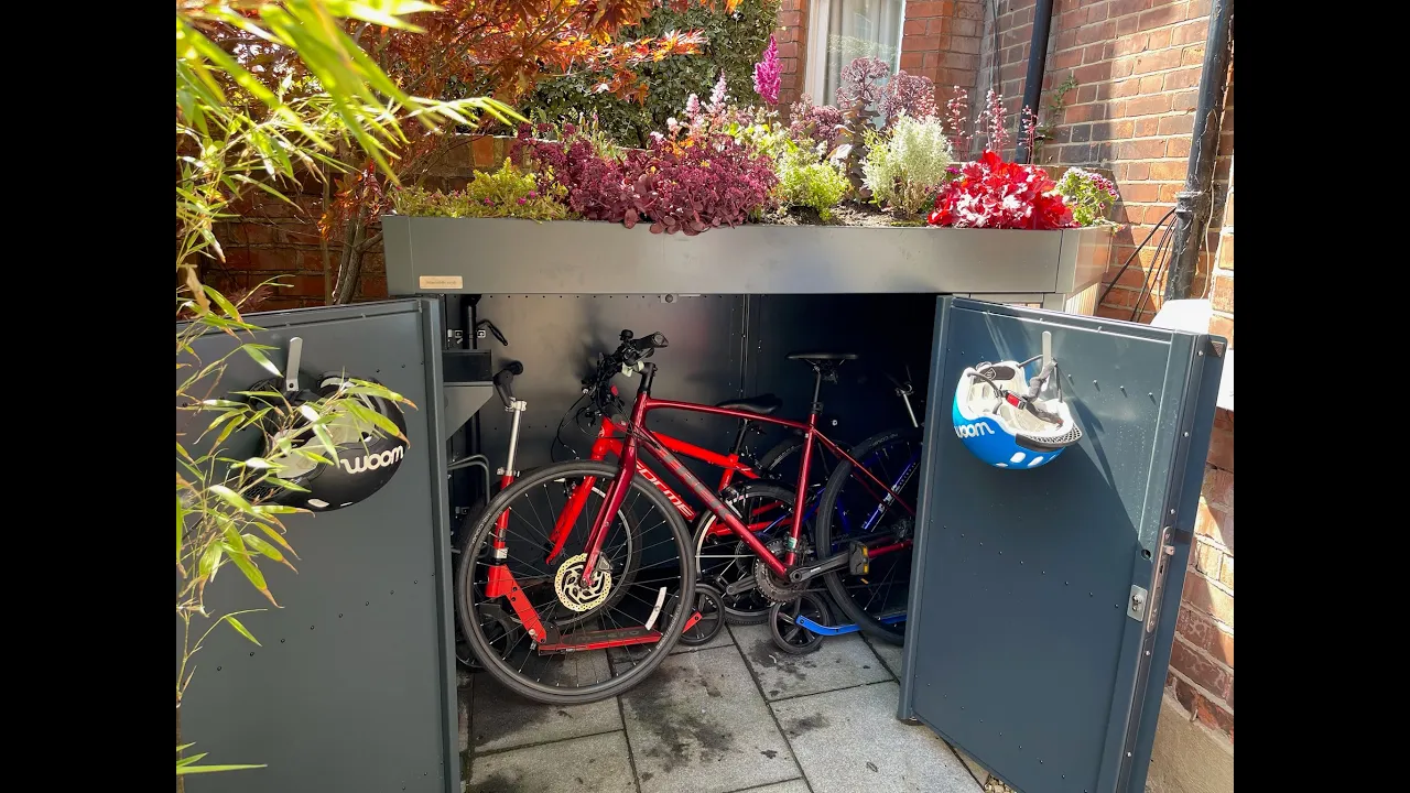 Video tour showing the spacious interior, secure locking, and premium finish of an Atlanticbike bespoke bike store wrapped around a bay window!