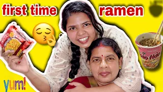 My mother try ramen 🍜 first time 😍