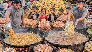 MASSIVE EGG FRIES MAKING 😱 INSANE STREET VENDOR SELLING EGG FRENCH FRIES! GIANT ANDA ALOO CHIPS