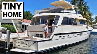 TINY YACHT-HOME 🤯 1989 Hatteras 67 Cockpit Motor Liveaboard Yacht Tour