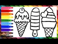Draw and Color 3 Cute Ice Creams Drawings for Kids