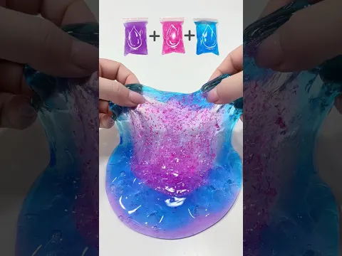 ASMR Clear Slime Color Mixing 💜💖💙 Glossy Stretching & Bubble Popping