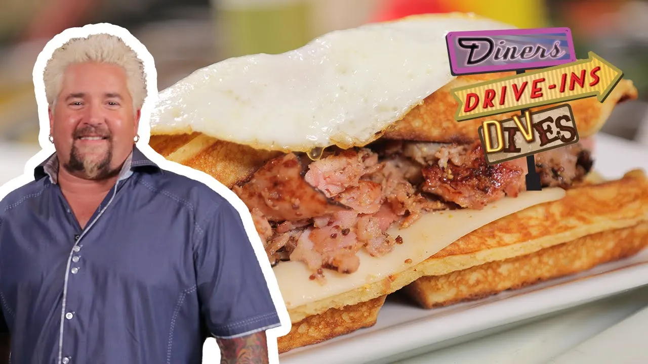 Guy Fieri Eats a Waffle Madame   Diners, Drive-Ins and Dives   Food Network
