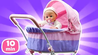 A new pink stroller for Baby Annabell doll and fun picnic with baby Alive doll in video for kids.