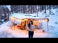 Lagu ❄️ Car camping with a wood stove and dog in a 270-degree awning tent in a snow-covered forest. ASMR