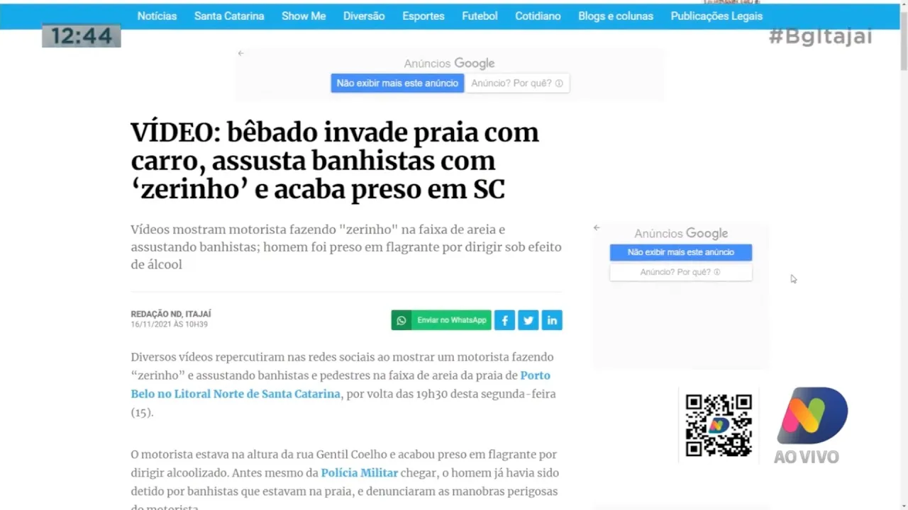 Motorista bêbado invadiu praia de Porto Belo com o carro e assustou banhistas