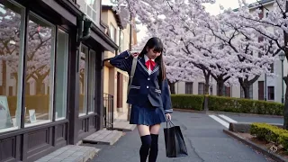 A Japanese schoolgirl walking down a street