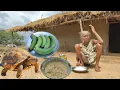 90 year old poor Grandma cooking TURTLE MEAT curry with Banana recipe and eating with hot rice